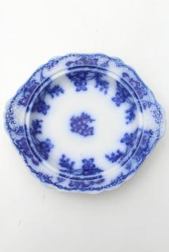 catalog photo of antique flow blue china, Claremont Johnson Bros embossed plate for round covered butter dish