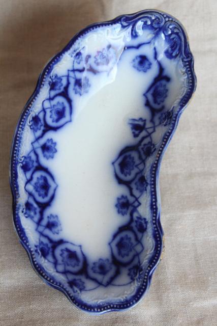 photo of antique flow blue china bone dish, crescent shaped side plate 1890s vintage #1