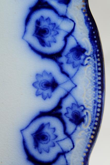 photo of antique flow blue china bone dish, crescent shaped side plate 1890s vintage #4