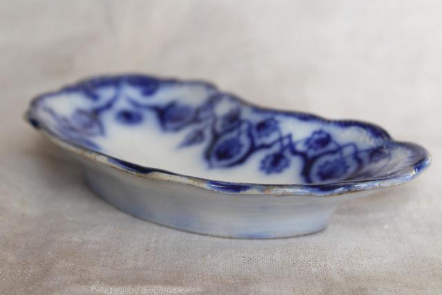 photo of antique flow blue china bone dish, crescent shaped side plate 1890s vintage #6