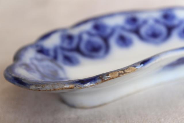 photo of antique flow blue china bone dish, crescent shaped side plate 1890s vintage #7