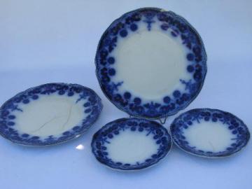 catalog photo of antique flow blue china plates, vintage Johnson Bros. Stanley pattern, dated 1899