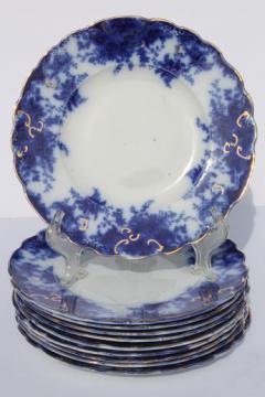 catalog photo of antique flow blue china plates set of 10, unmarked English Staffordshire 1880s?