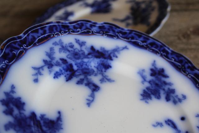 photo of antique flow blue china salad or dessert plates, English transferware 1800s vintage #4
