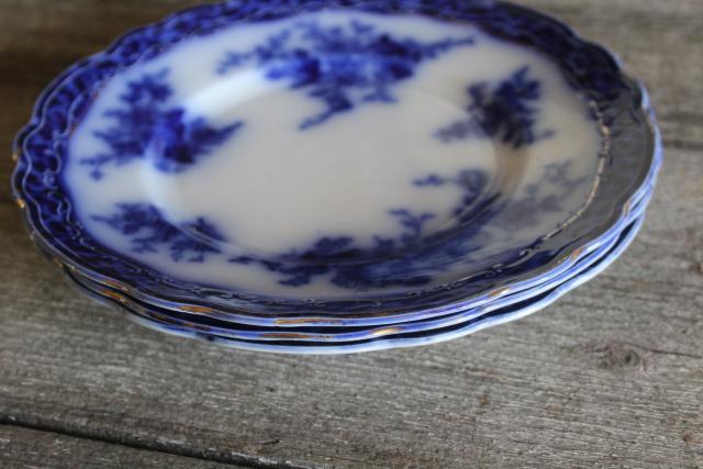 photo of antique flow blue china salad or dessert plates, English transferware 1800s vintage #6