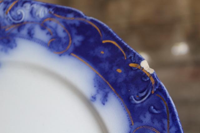 photo of antique flow blue china salad or dessert plates, English transferware 1800s vintage #11