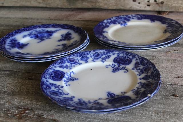 photo of antique flow blue china salad or dessert plates, English transferware 1800s vintage #15