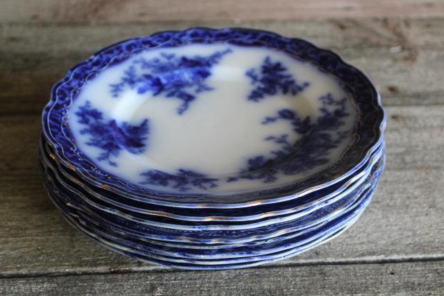 photo of antique flow blue china salad or dessert plates, English transferware 1800s vintage #16