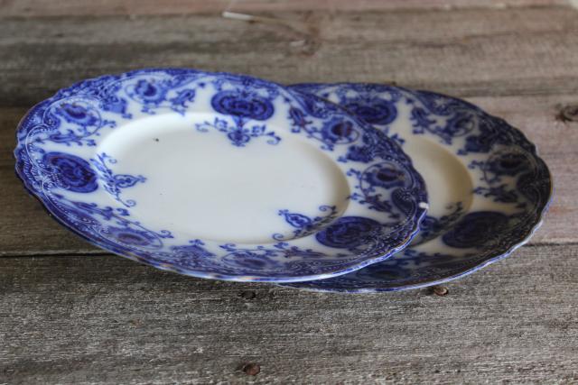 photo of antique flow blue china salad or dessert plates, English transferware 1800s vintage #17