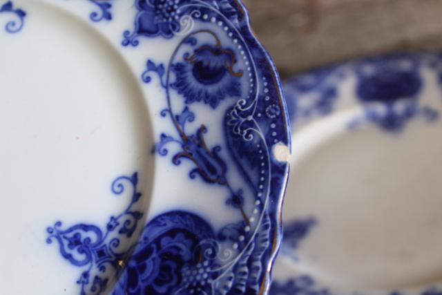 photo of antique flow blue china salad or dessert plates, English transferware 1800s vintage #19