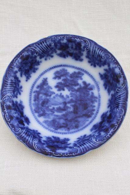 photo of antique flow blue china serving bowl w/ Oriental scene, 1800s vintage English Staffordshire #1