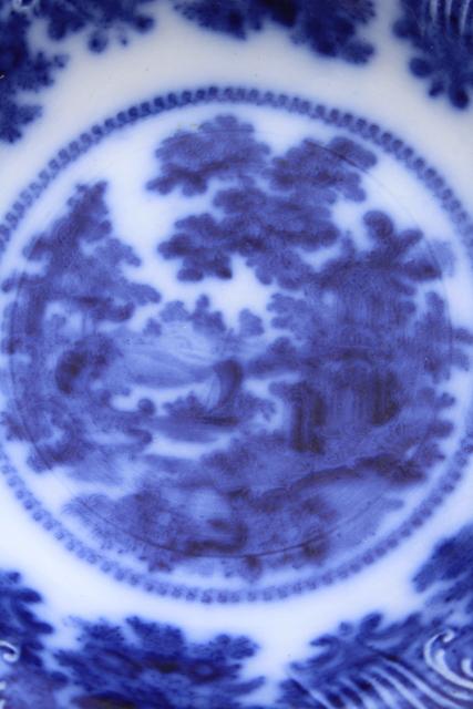photo of antique flow blue china serving bowl w/ Oriental scene, 1800s vintage English Staffordshire #2