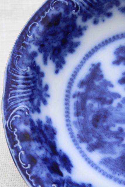 photo of antique flow blue china serving bowl w/ Oriental scene, 1800s vintage English Staffordshire #4