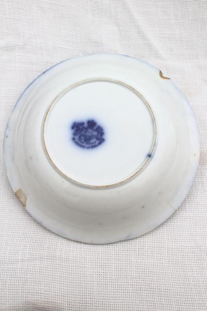 photo of antique flow blue china serving bowl w/ Oriental scene, 1800s vintage English Staffordshire #8