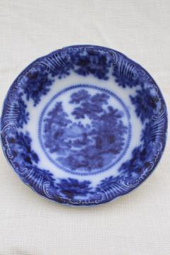 catalog photo of antique flow blue china serving bowl w/ Oriental scene, 1800s vintage English Staffordshire
