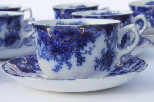 photo of antique flow blue china, set of 10 cups and saucers, unmarked English Staffordshire 1880s? #2