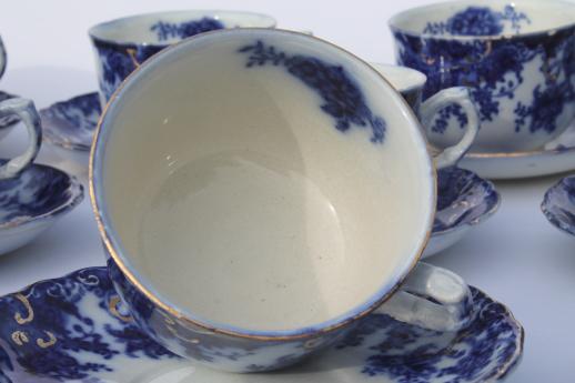 photo of antique flow blue china, set of 10 cups and saucers, unmarked English Staffordshire 1880s? #3