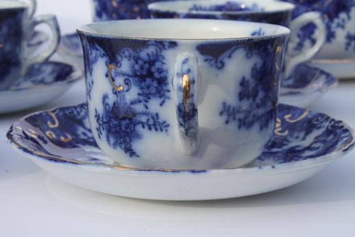 photo of antique flow blue china, set of 10 cups and saucers, unmarked English Staffordshire 1880s? #4