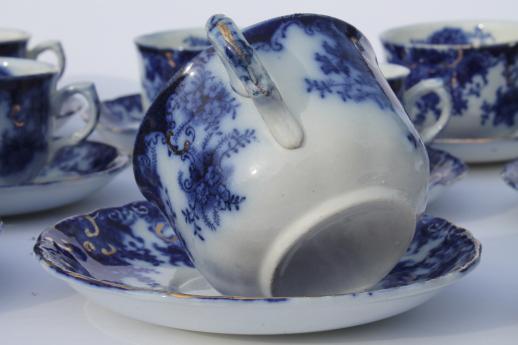 photo of antique flow blue china, set of 10 cups and saucers, unmarked English Staffordshire 1880s? #5