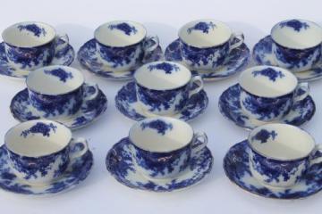 catalog photo of antique flow blue china, set of 10 cups and saucers, unmarked English Staffordshire 1880s?