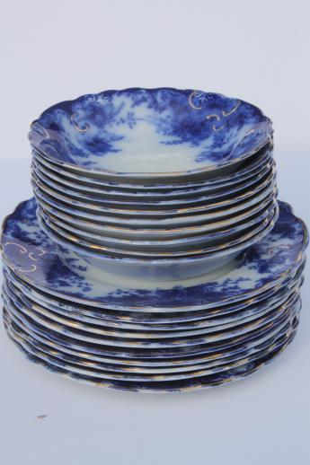 photo of antique flow blue china, set of 10 plates & bowls, unmarked English Staffordshire 1880s? #9