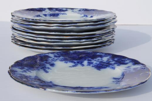 photo of antique flow blue china, set of 10 plates & bowls, unmarked English Staffordshire 1880s? #15