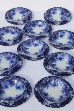 catalog photo of antique flow blue china, set of 10 plates & bowls, unmarked English Staffordshire 1880s?