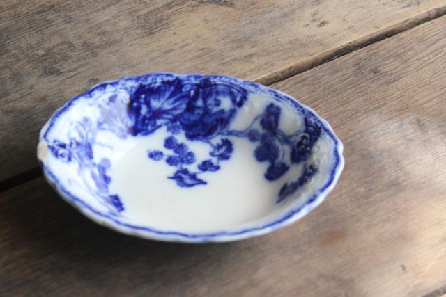 photo of antique flow blue transferware china soap dish, Johnson Bros Kenworth bramble pattern #1