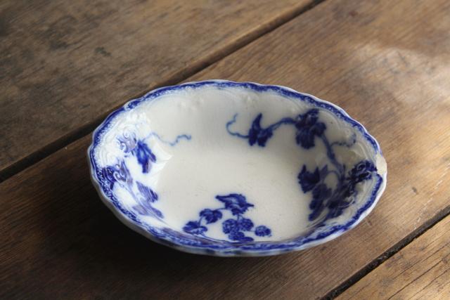 photo of antique flow blue transferware china soap dish, Johnson Bros Kenworth bramble pattern #4