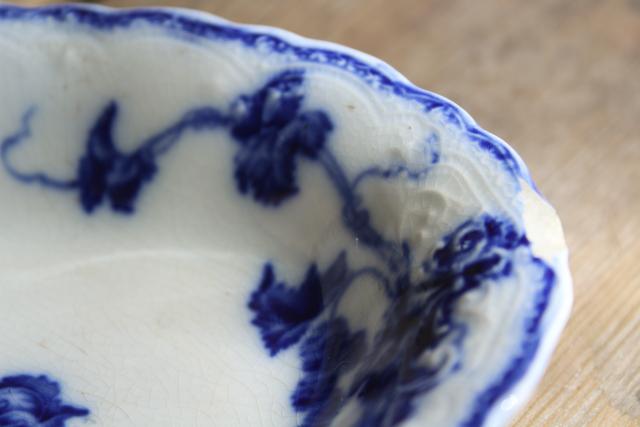 photo of antique flow blue transferware china soap dish, Johnson Bros Kenworth bramble pattern #6