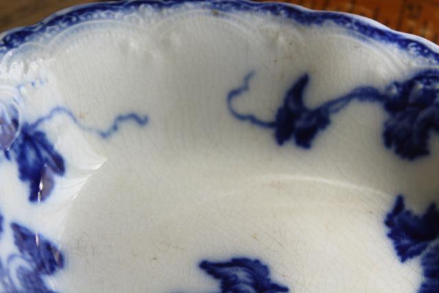 photo of antique flow blue transferware china soap dish, Johnson Bros Kenworth bramble pattern #7