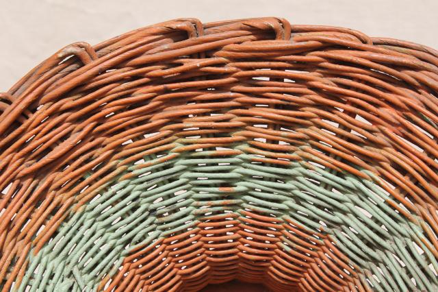 photo of antique flower basket w/ original coral orange & mint green paint, 1920s vintage #2