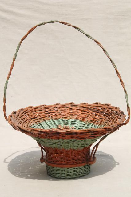 photo of antique flower basket w/ original coral orange & mint green paint, 1920s vintage #3