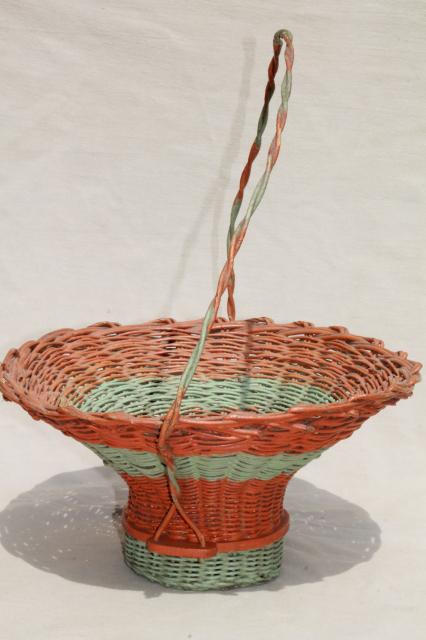 photo of antique flower basket w/ original coral orange & mint green paint, 1920s vintage #4
