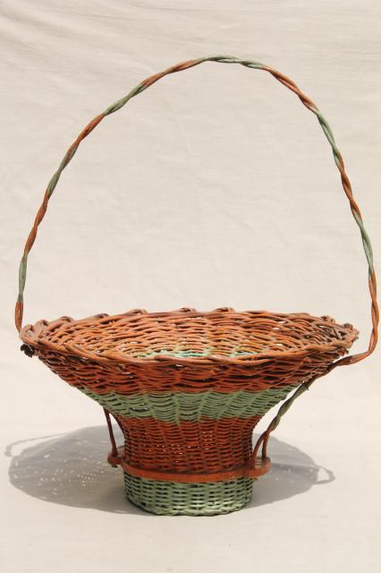 photo of antique flower basket w/ original coral orange & mint green paint, 1920s vintage #5