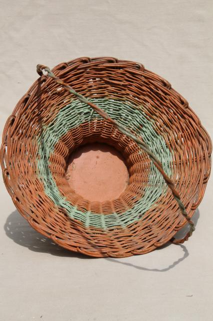 photo of antique flower basket w/ original coral orange & mint green paint, 1920s vintage #6