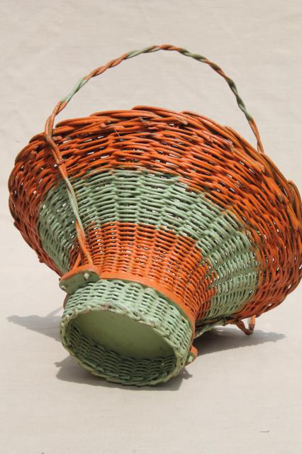 photo of antique flower basket w/ original coral orange & mint green paint, 1920s vintage #7