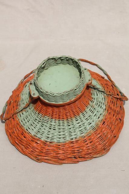 photo of antique flower basket w/ original coral orange & mint green paint, 1920s vintage #8