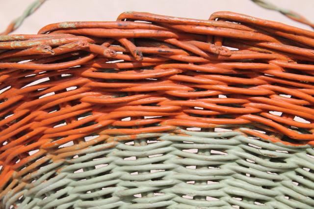 photo of antique flower basket w/ original coral orange & mint green paint, 1920s vintage #9