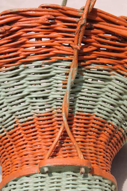 photo of antique flower basket w/ original coral orange & mint green paint, 1920s vintage #10