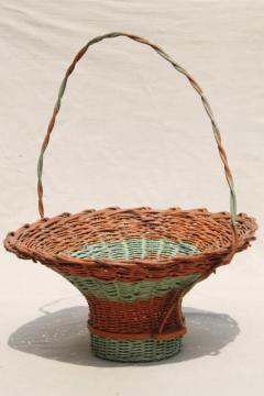 catalog photo of antique flower basket w/ original coral orange & mint green paint, 1920s vintage