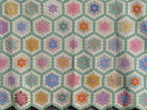 photo of antique flower garden patchwork prints top, vintage hand-stitched quilt #1