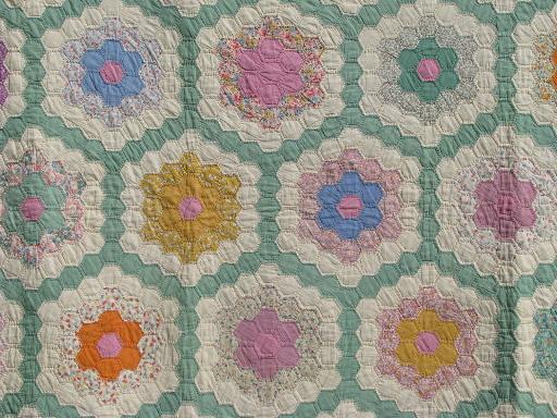 photo of antique flower garden patchwork prints top, vintage hand-stitched quilt #2