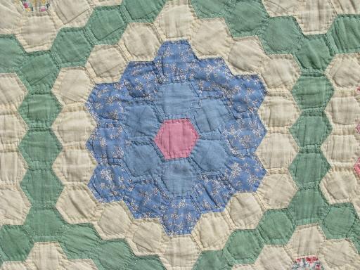 photo of antique flower garden patchwork prints top, vintage hand-stitched quilt #4