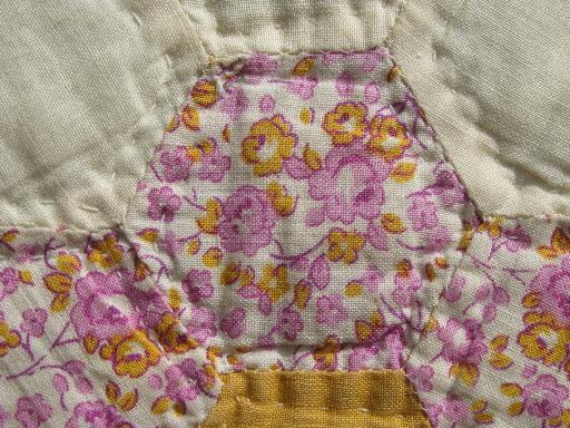 photo of antique flower garden patchwork prints top, vintage hand-stitched quilt #5