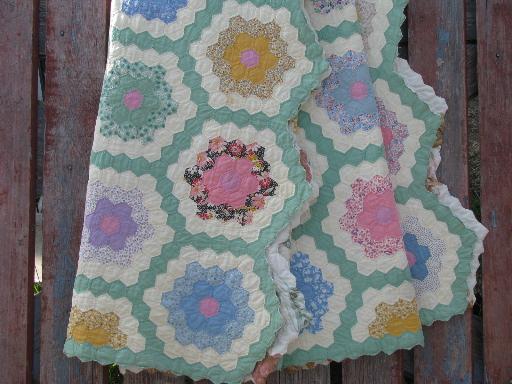 photo of antique flower garden patchwork prints top, vintage hand-stitched quilt #7