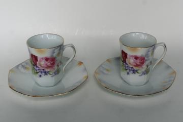 catalog photo of antique flowered china demitasse coffee or chocolate cups w/ saucers, made in Germany