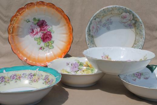 photo of antique flowered china, lot of large bowls - shabby cottage chic painted floral dishes #1