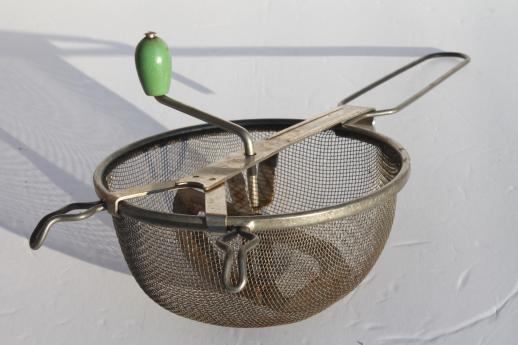 photo of antique food mill, green wood handle hand crank wire strainer sieve, vintage kitchen tool #2