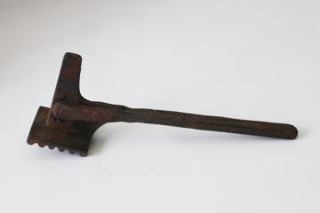 antique forged iron hammer kitchen tool, butcher's meat hammer w/ ice wedge or bone splitter 